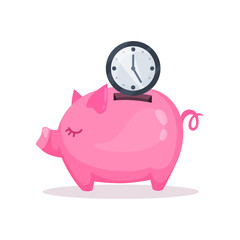 Pink piggy bank and clock, saving and investing money concept  cartoon vector Illustration