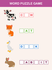 Complete the words children educational game. Learning farm animals theme and vocabulary