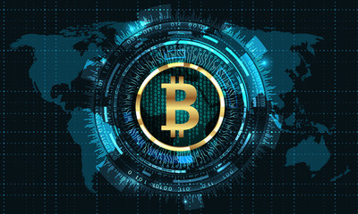 Bitcoin with HUD Elements. Bit Coin, BTC, Bit-coin, Digital Currency. Cryptocurrency
