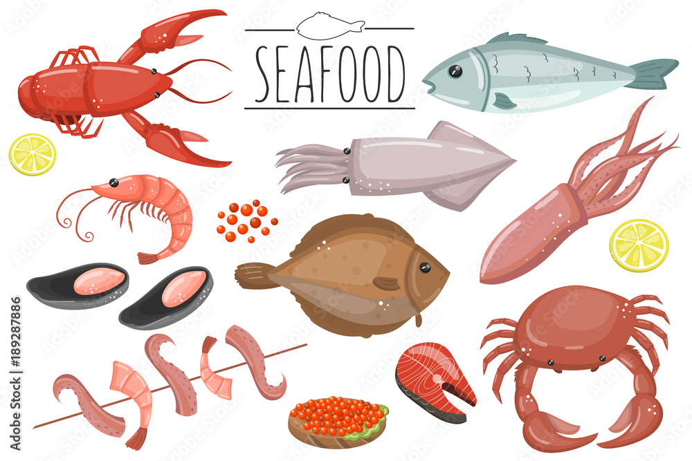 Wall mural seafood set, fish products for the fish market or restaurant vector illustrations in cartoon style