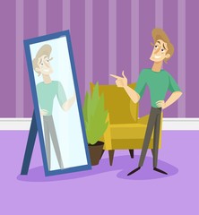 Narcissistic modern prince, funny young man character looking at mirror in living room, room interrior vector illustration
