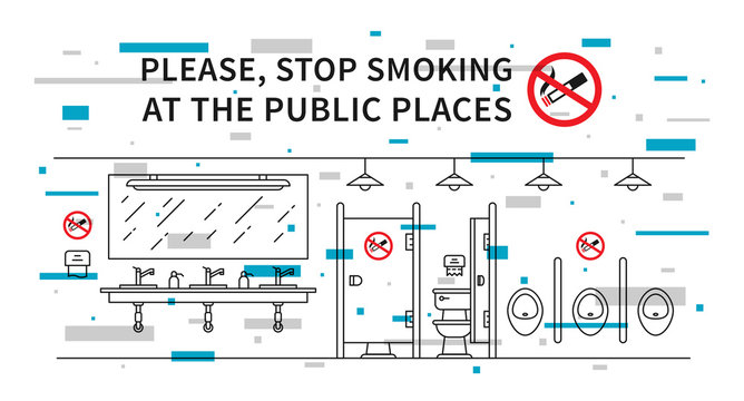 Public restroom no smoking vector illustration with colorful elements. Stop smoking sign at the public place line art concept.