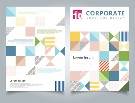 Brochure design template, Flyer cover geometric square. triangle, line colorful pastels design layout copy space for photo background