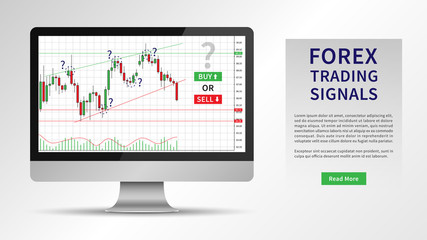 Forex Trading Signals vector illustration. Investment strategies and online trading signals on desktop computer concept. Buy and sell indicators on the candlestick chart graphic design.