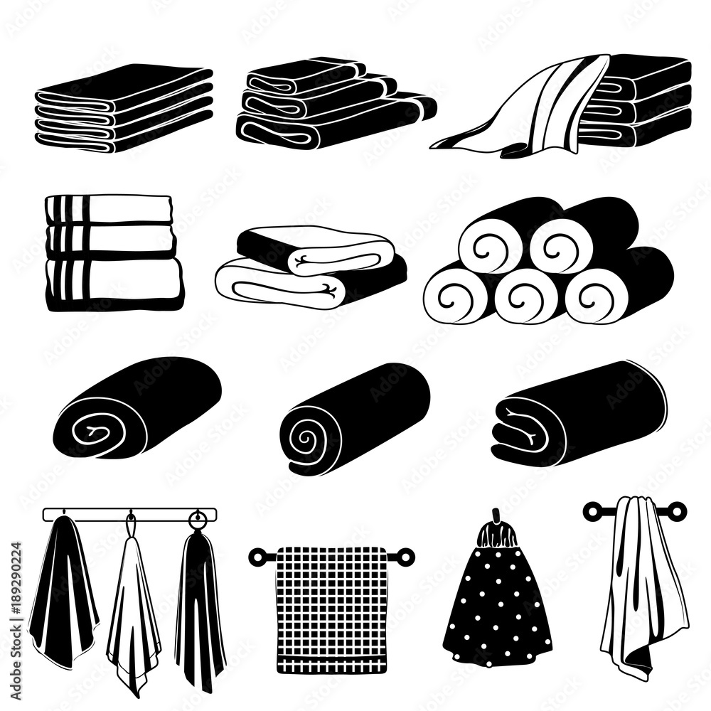 Poster monochrome illustrations of different towels. vector set isolate on white