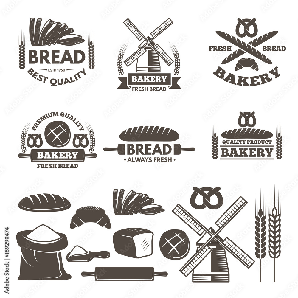 Poster monochrome labels set for bakery shop. vector templates with place for your text