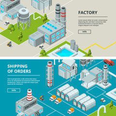 Horizontal banners with industrial buildings. Isometric factory