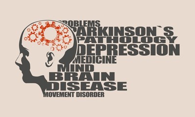Abstract illustration of a human head. Woman face silhouette. Medical theme creative concept. Parkinsons syndrome disease tags cloud. Damaged gears in brain as symbol of mental disease