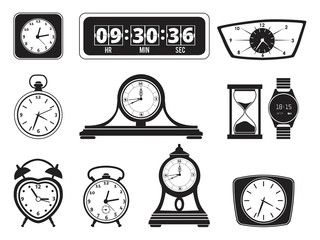 Monochrome illustrations of different clocks. Alarm and bells
