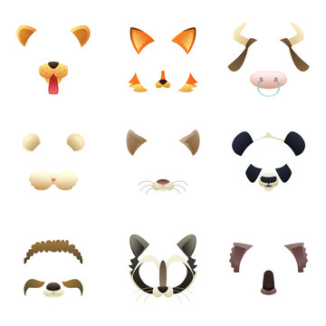 Masks of funny animals. Ears and nose. Vector pictures for photo or video filters