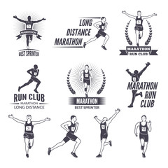 Sport labels at marathon theme for sport teams. Illustrations of athlete isolated
