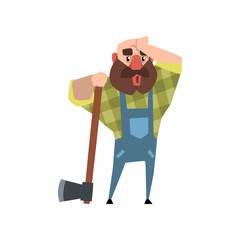 Tired lumberjack leaning on axe and rubbing his forehead with his hand. Cartoon bald man character in green checkered shirt and blue coveralls. Flat vector design