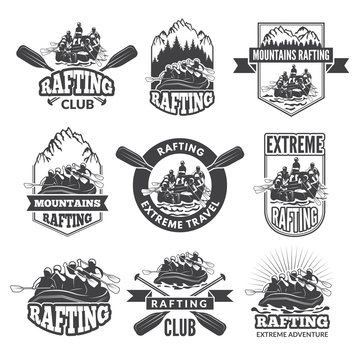 Vintage monochrome labels for dangerous water sports. Symbols of rafting. Pictures of kayak