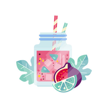 Glass jars with sweet refreshing drink. Summer juice with ice cubes and drinking straws. Organic and healthy smoothie. Flat vector design for vegan cafe menu