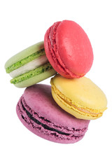 four fresh  macaron, like a pyramid, on a white background