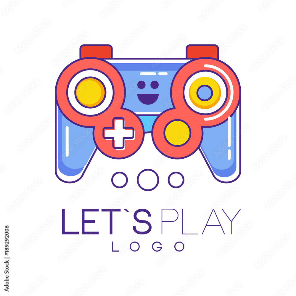 Poster xbox gamepad logo design in line style with red and blue fill. wireless joystick for game console. c