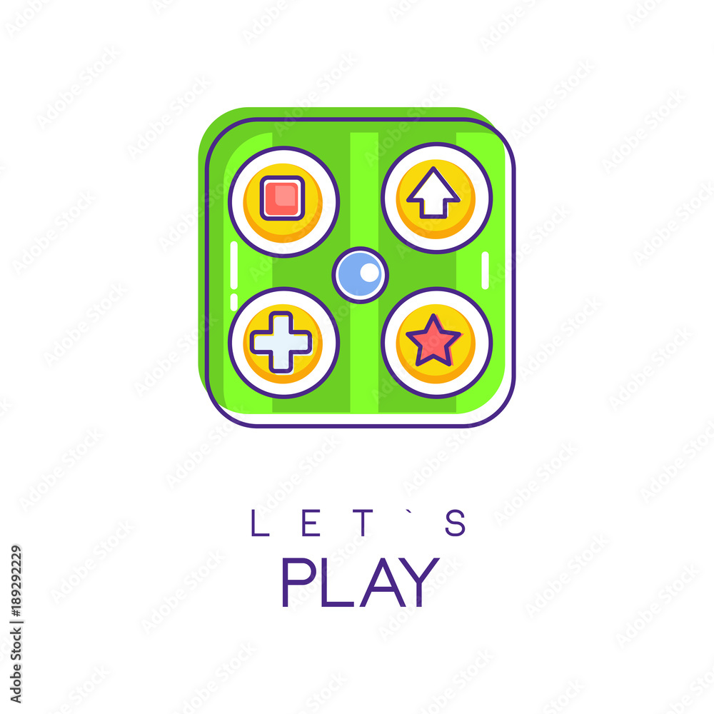 Poster game gadget in square shape with various buttons. electronic device for computer videogame. let s pl