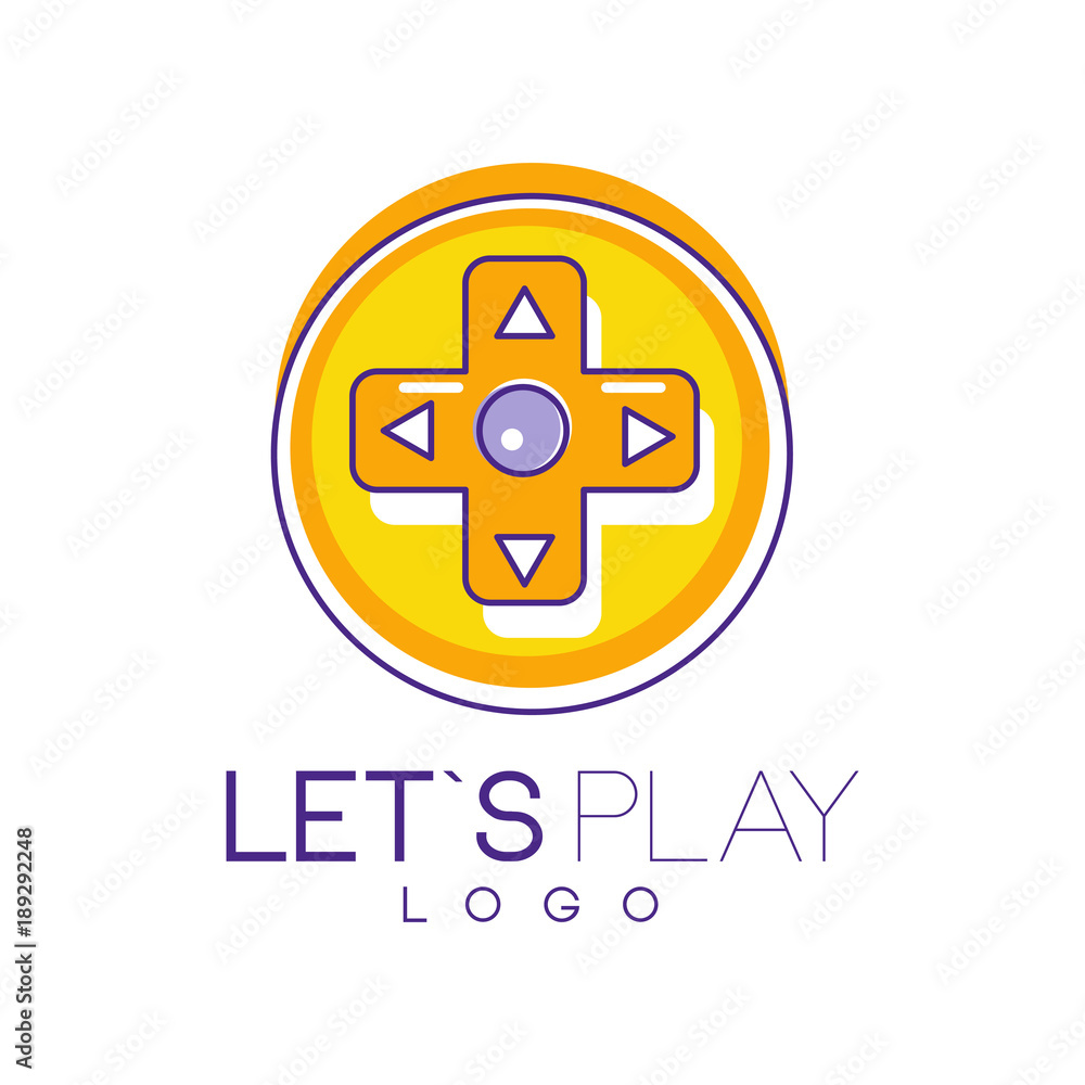 Poster round joystick in linear style with orange fill. let s play. digital entertainment. colorful vector 