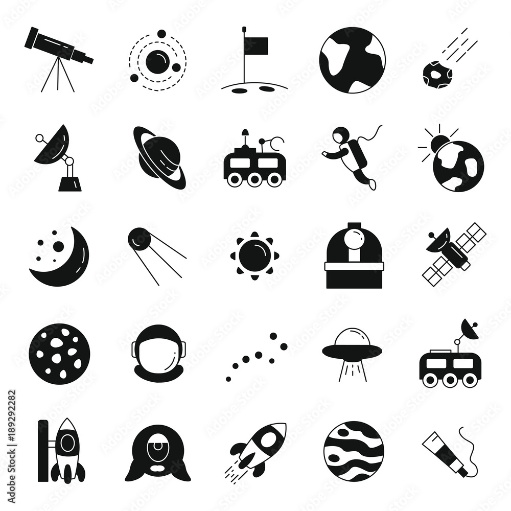 Wall mural space black simple silhouette icons vector set. collection of space objects with astrunaut, planet a