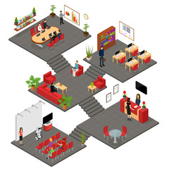 Office Interior with Furniture Concept 3d Isometric View. Vector