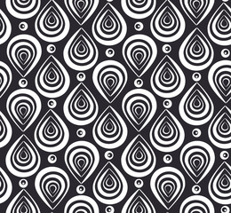 Abstract seamless pattern with black and white peacock feathers and round eyes. Monochrome elegant texture with psychedelic swirl elements for textile, wrapping paper, package, surface