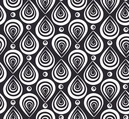 Fototapete Pfau Abstraktes nahtloses Muster mit schwarzen und weißen Pfauenfedern und runden Augen. Monochrome elegante Textur mit psychedelischen Wirbelelementen für Textilien, Geschenkpapier, Verpackung, Oberfläche