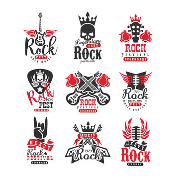 Set of vintage rock logos. Original monochrome emblems with guitars, skulls, roses, retro microphones, crowns and wings. Flat vector design for music festival