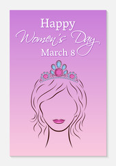 International Womens Day greeting card. Silhouette of a beautiful girl in a in a precious diadem on her head. Fashionable ultra violet gradient background. Vector illustration