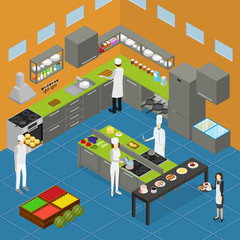 Restaurant Kitchen Interior with Furniture Isometric View. Vector