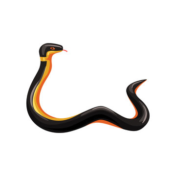 Cartoon tropical snake with tongue out. Harmless serpent with black and yellow scales. Exotic animal. Wildlife concept. Cartoon flat vector design