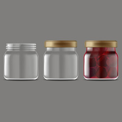 Realistic Detailed 3d Strawberry Jam Glass Jar Set. Vector