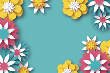 Paper cut Floral Greeting card. Origami flower. Space for Text. Rectangle frame. Spring blossom. Seasonal holiday on sky blue. Modern paper decoration.