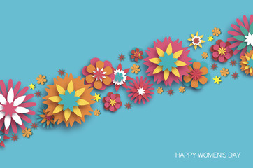 Colorful 8 March. Happy Women s Day. Trendy Mother s Day. Paper cut Floral Greeting card. Origami flower. Space for Text. Spring blossom on sky blue. Seasonal holiday. Modern paper decoration.