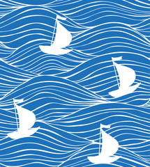 Seamless Pattern with White Boats and Waves. Hand Drawn Graphic Background for Surface Design Print Card Banners Web. Vector Illustration