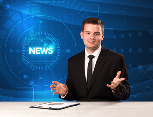 Modern televison presenter telling the news with tehnology background