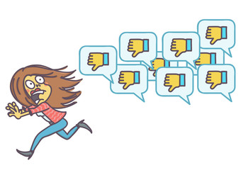 Scared woman running away from negative comments icons, vector cartoon of social network disapproval concept