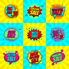 Set of pop art comic sale discount promotion symbols. Decorative Collection of backgrounds with bomb explosive. Vector illustration with speech bubbles. - obrazy, fototapety, plakaty