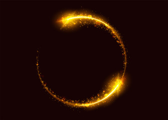 Magic Gold Light Effect. Glowing Circle with Light Trail. Abstract Luxury Round Frame with Sparkle, Flare, Glitter, Flash, Spark. Modern Festive Vibrant Illustration with Transparency. Isolated.