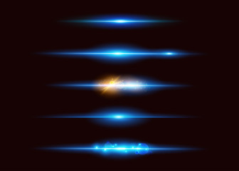 Set of Vector Neon Light Effects. Abstract Glowing Blue Line. UI Design Element. Transparent Lens Flare Effect. Futuristic Vibrant Glow for Game Design, Banner, Poster, Button.