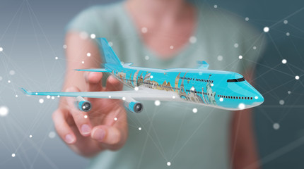 Businessman with plane and famous landmarks of the world 3D rendering