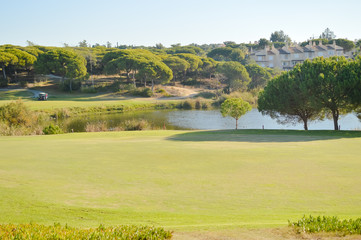 Fototapeta na wymiar Golf field on sunny outdoors luxury lifestyle background