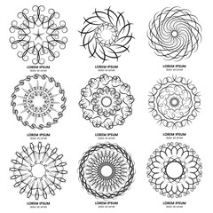Set of nine vintage geometric circular elements. Vector black monogram on white background.
