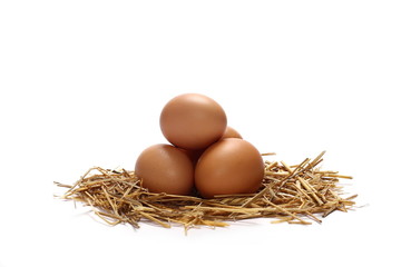 Eggs in straw nest isolated on white background