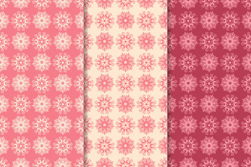 Set of red floral ornaments. Cherry pink vertical seamless patterns