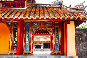 Fototapeta na wymiar Part of tomb of Minh Mang Emperor in Hue, Vietnam. Old Chinese and Vietnamese architecture.