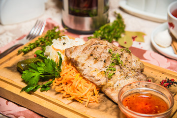 Chef s specialty presented in restaurant on served table
