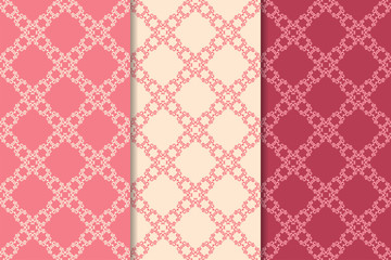 Set of floral ornaments. Cherry pink vertical seamless patterns