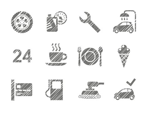 Car service icons, shading pencil, gray, vector. Repair and maintenance of the car. Related products. Monochrome icons. The gray shading with a pencil. Simulation. Vector clip art.  