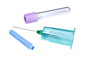 Vacutainer with vacuum test tube on white background closeup