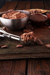 Chocolate ice cream scoop, scooped with a ice spoon